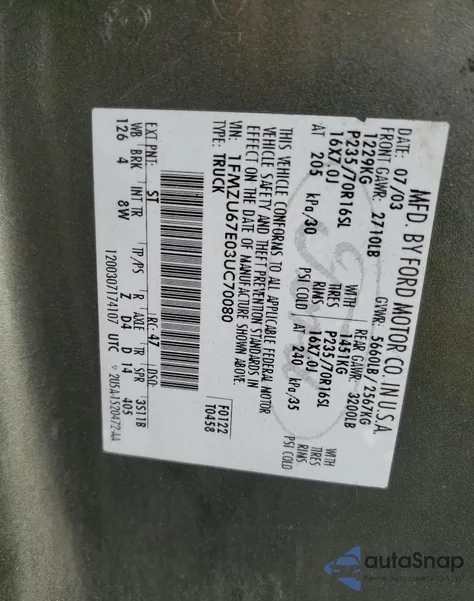 2003 Ford Explorer Sport Trac from USA, damaged, VIN 1FMZU67E03UC70080